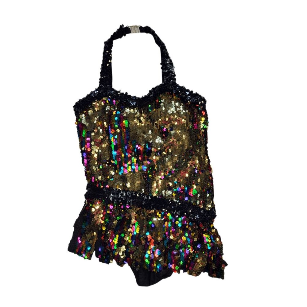 Glamour Costumes Black Gold Colorful Sequin Halter Dance Costume Child Small 4-6